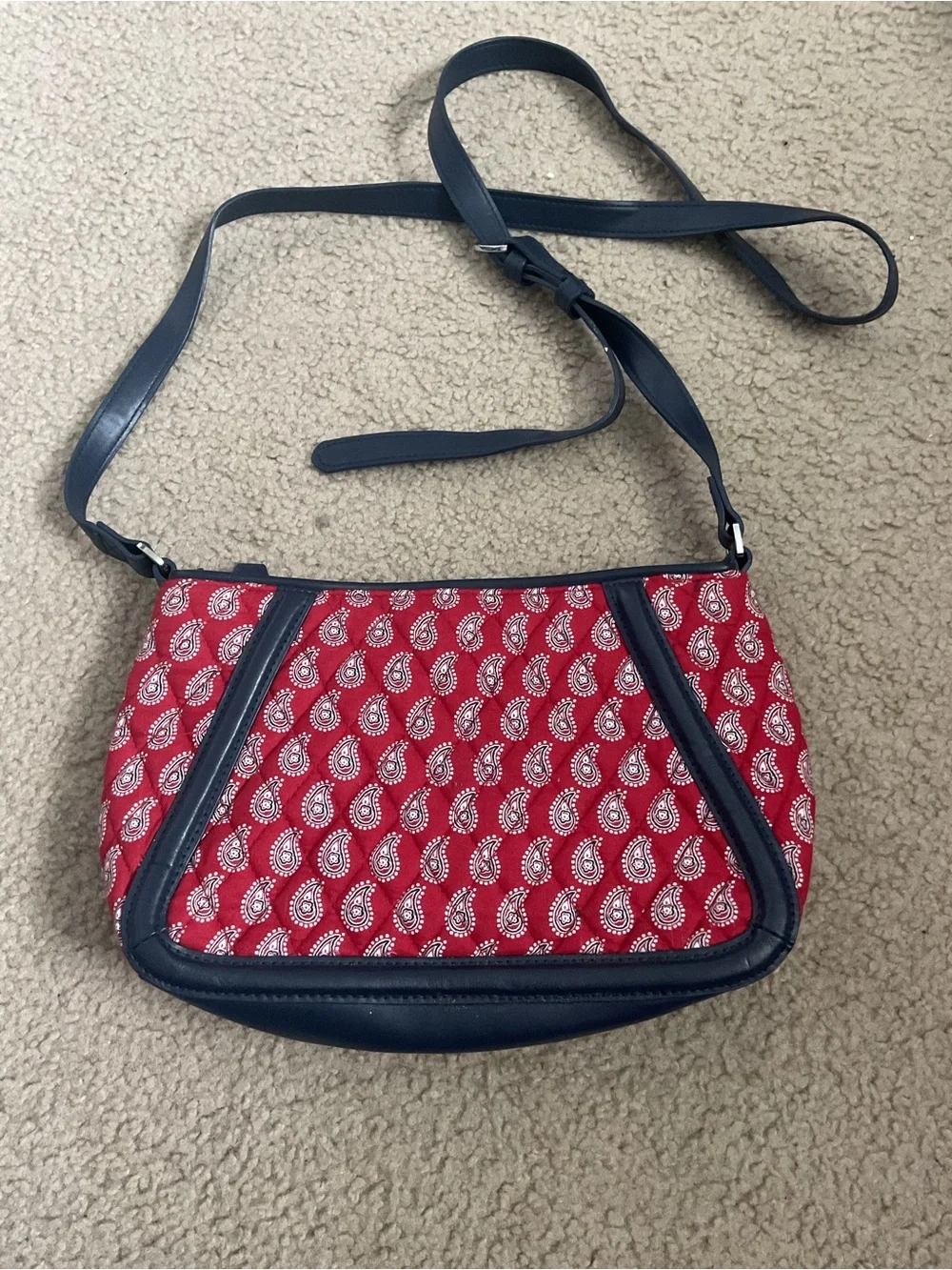 Vera Bradley Red Paisley Crossbody with Navy Trim and Strap, faux-leather trim.
